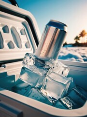 A chilled can rests on ice cubes inside an open cooler on a sunny beach, evoking a refreshing summer vibe.