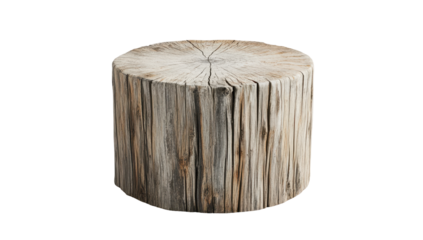 A weathered, cylindrical tree stump, showing concentric rings and vertical grain, sits on a black background
