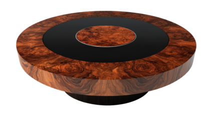 Circular wooden coffee table with concentric rings of dark wood, black inlay, and a smaller central disc of light wood.  A subtly flared base completes the design
