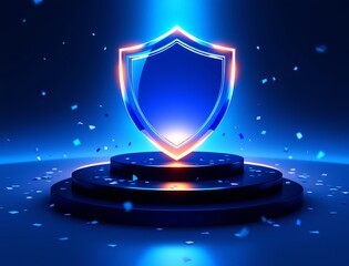 Glowing blue shield on illuminated podium