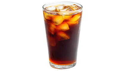 Tall glass filled with iced coffee, showing ice cubes and dark brown liquid