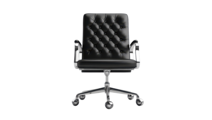 Black leather office chair with a tufted back, silver metal base and arms, and five rolling casters