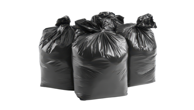 Three bundled black plastic garbage bags, tightly tied at the top, appear full and ready for disposal