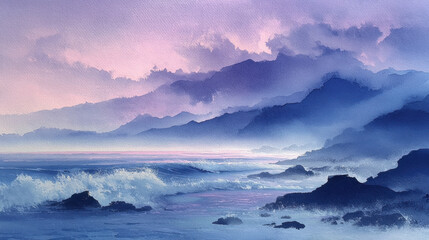 Fototapeta premium Serene Coastal Landscape at Dawn Purple and Blue Hues