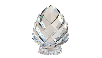 Faceted crystal sculpture resembling a stylized pine cone on a small, clear base