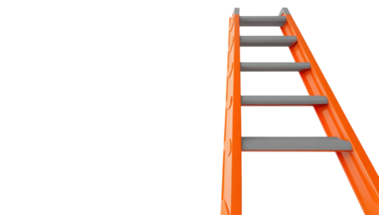 A low-angle view of an orange stepladder against a black background, showing detail of its rungs and sides