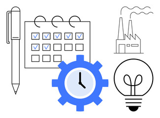 Pen, calendar with check marks, gear with clock, factory, and lightbulb. Ideal for planning, productivity, time management innovation industry efficiency brainstorming. Flat simple metaphor