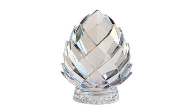 Faceted crystal sculpture resembling a stylized pine cone on a small, clear base