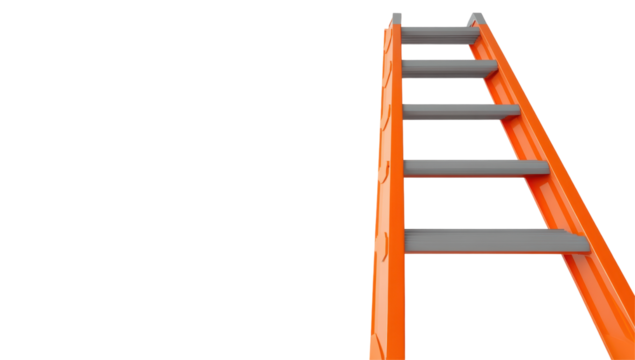 A low-angle view of an orange stepladder against a black background, showing detail of its rungs and sides