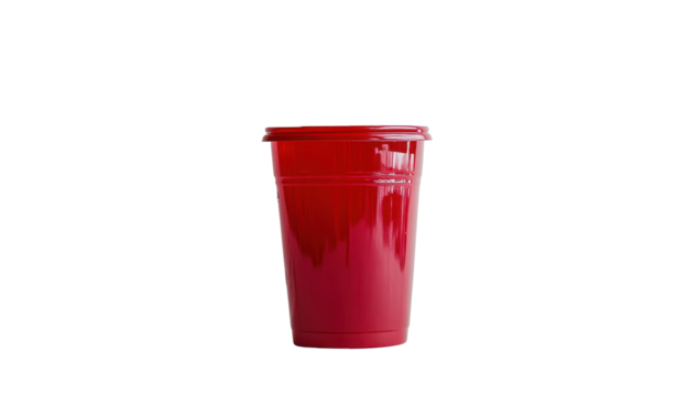 A single, opaque, crimson plastic cup with a slightly flared rim and a matching lid sits against a black background