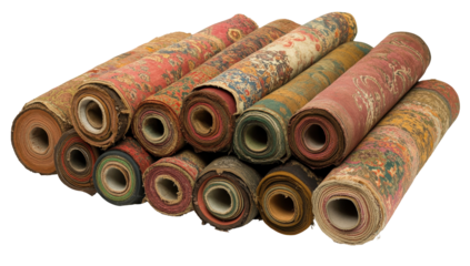 A collection of vintage wallpaper rolls, tightly rolled, displaying varied colors and patterns; showing age and wear