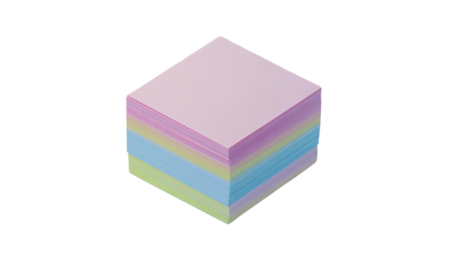 Pastel-colored square stack of paper sheets, isometric view, suggesting a notepad or memo cube