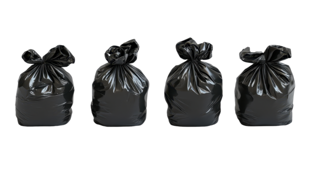 Four tied black plastic garbage bags in a row, slightly varying in fullness and knot tightness, isolated on black