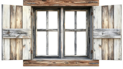Rustic wooden window with weathered gray and brown shutters slightly ajar, revealing a dark, multi-paned interior