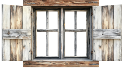 Rustic wooden window with weathered gray and brown shutters slightly ajar, revealing a dark, multi-paned interior