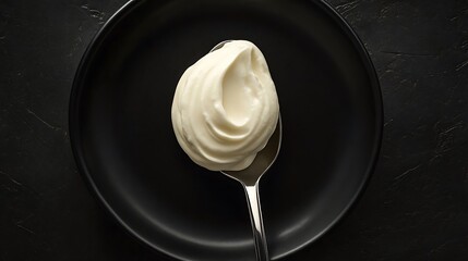 Spoonful of Creamy White Sauce on a Black Plate