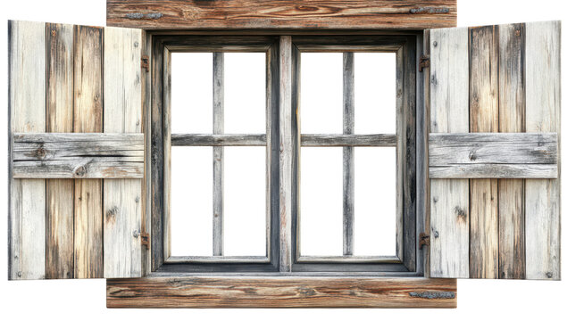 Rustic wooden window with weathered gray and brown shutters slightly ajar, revealing a dark, multi-paned interior