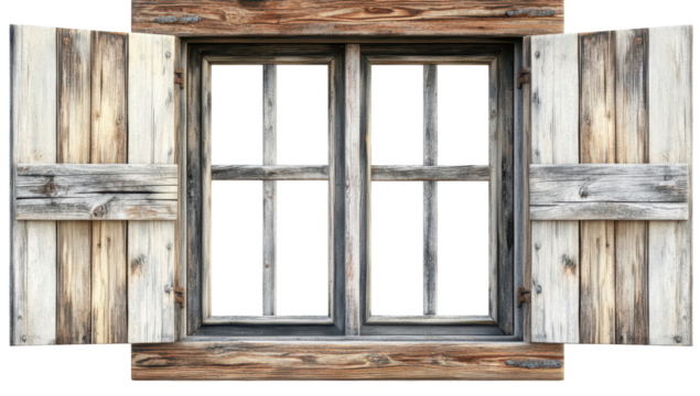 Rustic wooden window with weathered gray and brown shutters slightly ajar, revealing a dark, multi-paned interior