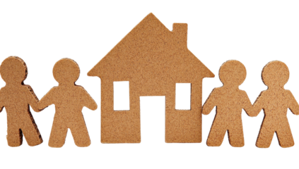 Five simple cutout figures surround a cardboard house cutout, symbolizing community and home