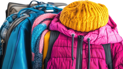 A pink puffer jacket, yellow knit hat, and blue backpack atop luggage, suggesting winter travel preparation