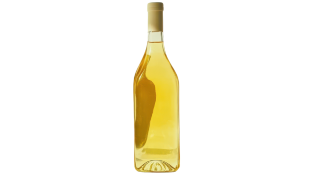 Pale yellow liquid in a clear glass bottle with a cork stopper and a dried pepper inside