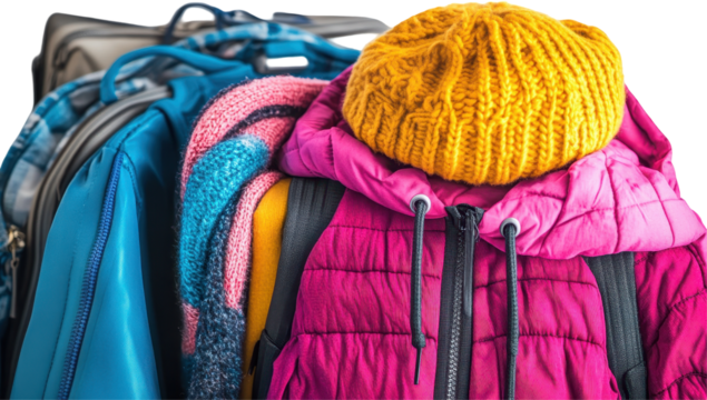 A pink puffer jacket, yellow knit hat, and blue backpack atop luggage, suggesting winter travel preparation