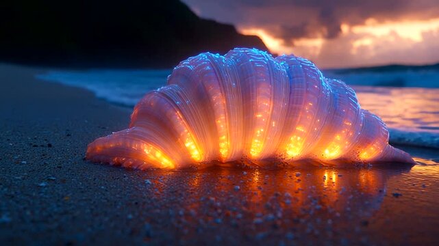 Illuminated seashell on a beach at sunset