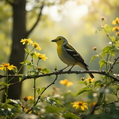 Obraz premium A yellow and black bird perches on a branch, surrounded by yellow flowers and a blurred natural background with sunlight filtering through.