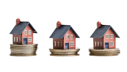 Three miniature houses of increasing size sit atop progressively larger stacks of coins, illustrating growth or increasing cost of homeownership