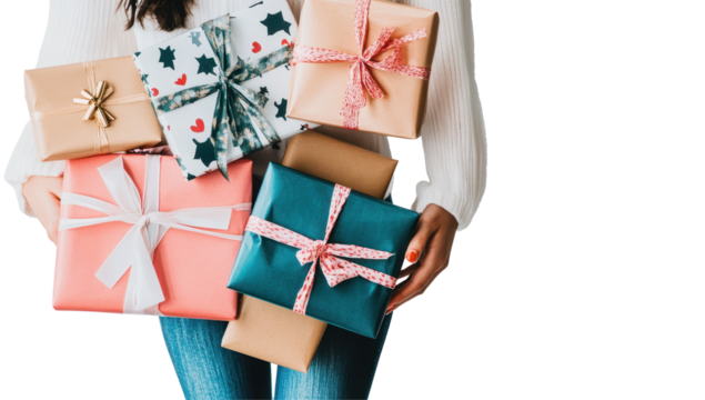 A person holds a stack of festively wrapped gifts in various sizes and colors, showcasing pastel tones and ribbons
