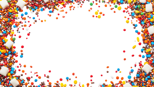 Colorful candy and marshmallow border surrounding a dark central space