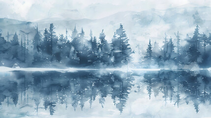 Rideaux watercolor winter forest landscape frozen lake with snowy