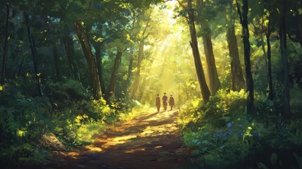 Fototapeta premium Sunlight streams through a lush forest path, three figures walking. Lush green trees line a well-worn trail, bathed in golden light