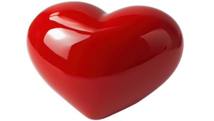 A glossy, three-dimensional red heart, smooth and polished, isolated on a transparent background
