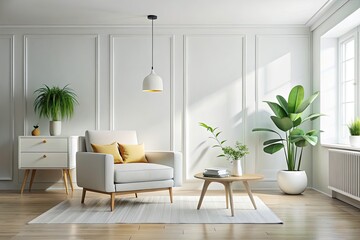 Fototapeta premium Minimalist Living Room Design: White Interior Color Transition, 3D Render, Armchair