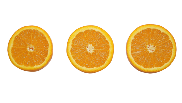 Three perfectly symmetrical orange slices against a black background, showcasing their vibrant color and juicy texture