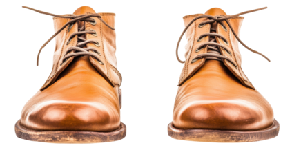 A pair of tan leather lace-up ankle boots, slightly worn, shown from the front, against a black background