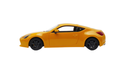 Side profile of a vibrant yellow sports car model, sleek design, black rims, detailed features