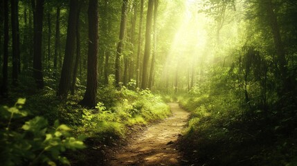 Fototapeta premium Sunlight streams through a verdant forest path. Lush greenery surrounds a dirt trail, bathed in golden light