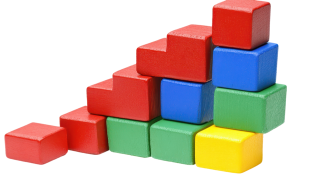 Colorful wooden blocks stacked in an ascending, stair-step pattern, with one block separated