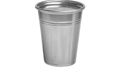 A tall, cylindrical, silver-toned metal cup with a slightly flared lip and subtle vertical ridges