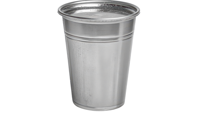 A tall, cylindrical, silver-toned metal cup with a slightly flared lip and subtle vertical ridges