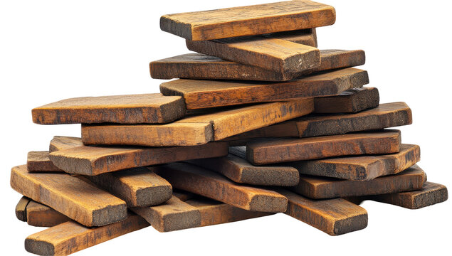 A haphazard stack of rectangular, dark brown wooden blocks, showing signs of age and wear, possibly from a printing press or similar use
