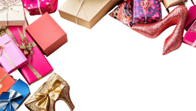 A chaotic arrangement of vibrant gift boxes and sparkly high heels creates a festive border around a black background - Powered by Adobe