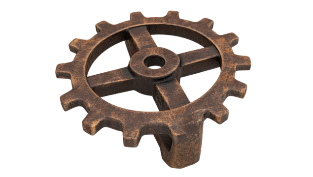 A dark bronze, gear-shaped cabinet knob with a cross-shaped interior and a short stem
