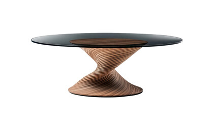 Modern coffee table with a swirling, hourglass-shaped wooden base and a dark glass top