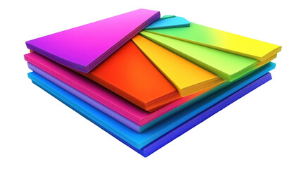 A vibrant, layered, three-dimensional pie chart rendered in a spectrum of colors, stacked like colorful papers