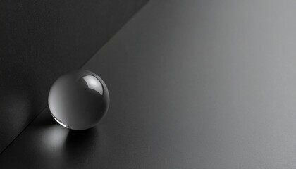 ミニマルで緊張感を帯びた黒のマット背景に、左上のグレーがかったマットなガラス玉が静かに佇む静謐なデザイン。

