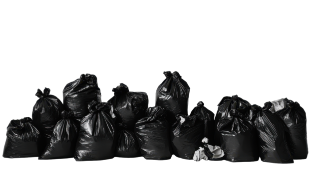A pile of overflowing black garbage bags against a stark black background, some slightly crumpled, suggesting a large volume of waste