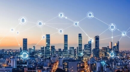 City skyline at dawn, interconnected digital network